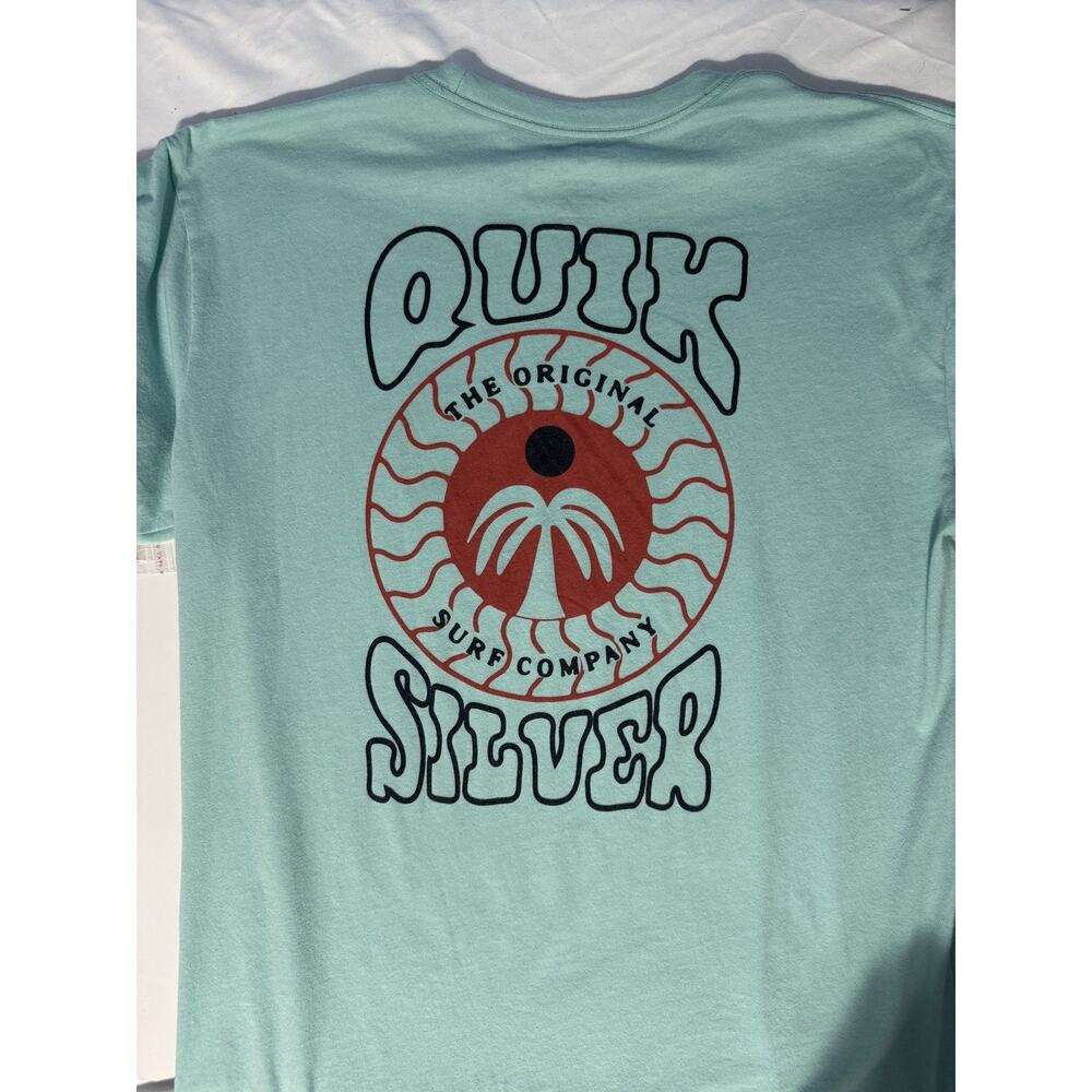 Quiksilver Mens XL Aqua Graphic T Shirt Surf Company Back Print Logo Tee